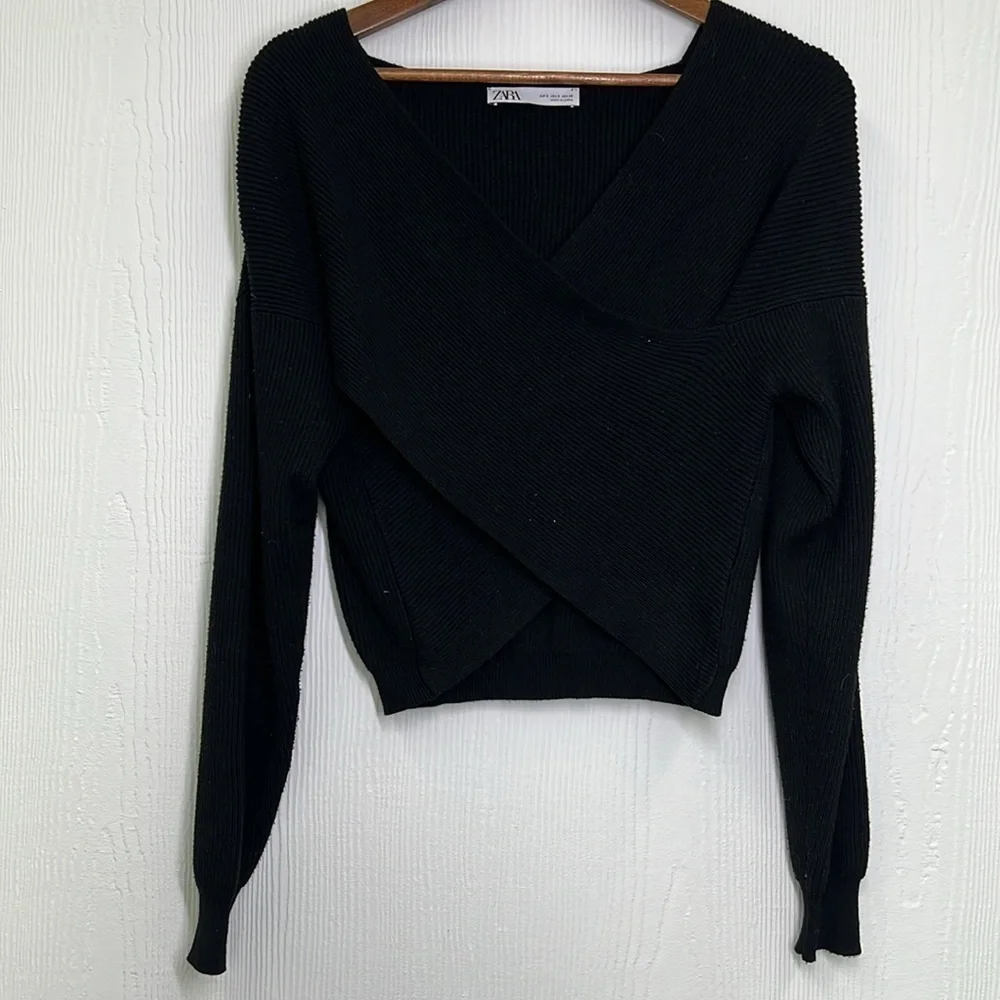 Zara - Black Chunky Knit Twisted Front Lightweight Long Sleeve Sweater Size Sm